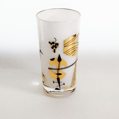 One Mid-Century Modern Highball Barware Glass Gold & Black Abstract