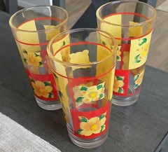 Set of 3 Floral Yellow and Red Glass Tumbler Glasses Decorative Glossy