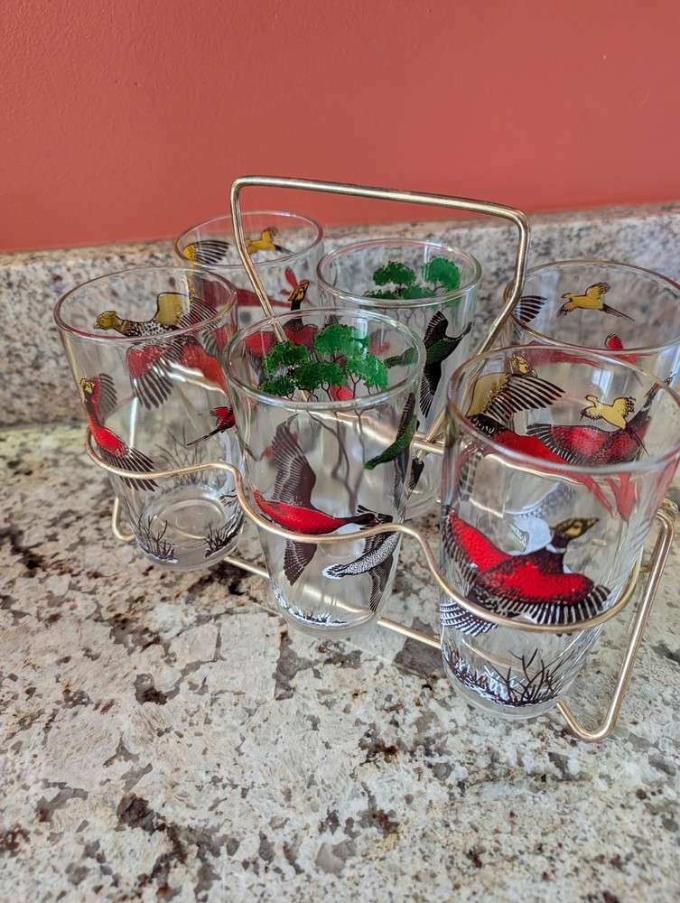 Vintage Hazel Atlas Pheasant /Setter Glass Barware Set 6 Tumblers With Holder