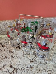 Vintage Hazel Atlas Pheasant /Setter Glass Barware Set 6 Tumblers With Holder