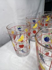 Vintage Set of 6 Tumblers Red Windowpane Assorted Fruits Glasses Retro MCM 4.25”