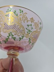 Venetian Enameled Figural Landscape Scene Pink Champagne / Sherbert Glass 6″ #6