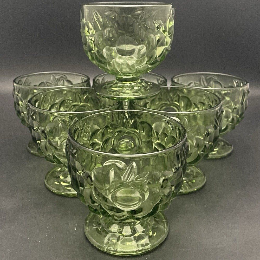 Hazel Atlas Avocado Green Shrimp Cocktail/Sherbet/Dessert Cups 7pc Made in USA