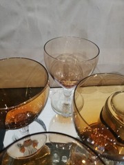 (9) Water Goblets glasses 5-1/4″, Bryce co crystal & amber Delhi stem 946 rare