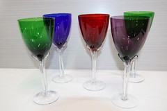 5- Murano Tall Hand Blown Tulip Clear Stem Wine Glasses, Water Goblets, Italian