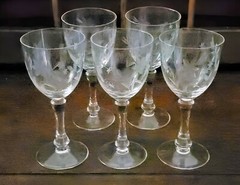 Vintage Floral Etched Wine Glasses, 7.5 inches Tall, Set of 5