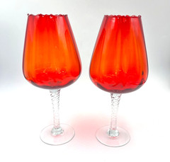 2 VTG Red / Orange Empoli Italian Glass Ribbed Optic Wine Goblet Swirl Stem MCM