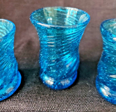 Vintage Mid Century Hand-Blown Spiral Swirl Blue Glasses 6 Mini Small 3″ Footed