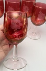 6 Czech Bohemian 5.5″ Wine Glasses Cranberry Stemmed Glassware Etched With Roses