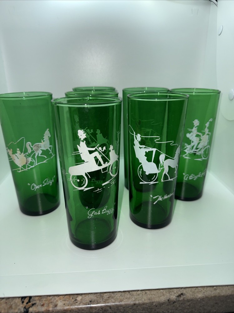Anchor Hocking Green Glasses Open Sleigh Gas Buggy A Bicycle for Two The Hansom
