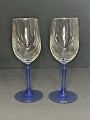 Libbey Glass Crystal Blue 8” Water Goblets Swag Drape Gold Rim 8 oz set/2