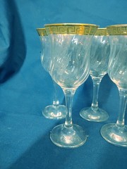 Murano 7″ Wine Glasses Swirl Coupe Gold Greek Key Pattern on Rim Set Of 4