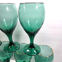 Emerald Green Wine Teardrop Glasses Set of 8 Gold Rim Vintage Goblets 7 Inch