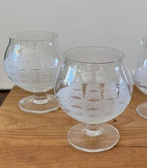 VTG Toscany 70s Crystal Brandy Snifters Frosted Etched Clipper Ship SET OF 4