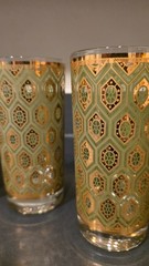 4 CULVER Green Gold geometric hiball glasses ALL SIGNED Beautiful condition!