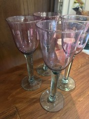 Vintage Italian Wine Gobblets, Handblown Iridescent Pink, Thick Stem Aqua-set 4