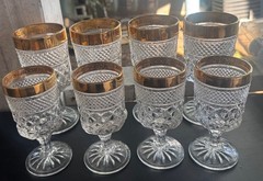 Set of 8 Anchor Hocking Wexford Gold Rim Wine or Water Glass Goblets.
