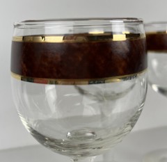 Mid Century Modern Wine Glasses Clear Stemware Brown Gold Rim Band Height 5.5″