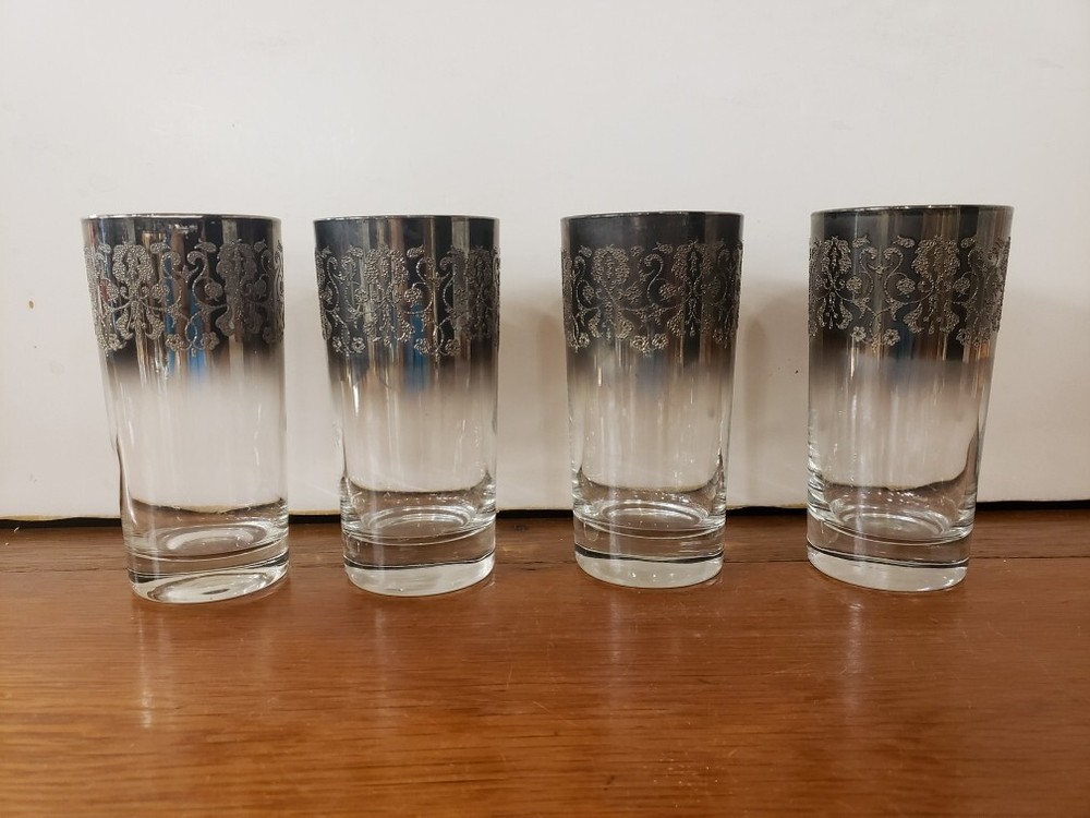 Set of 4 Mid-Century Smoked Silver Ombre 12-oz Highball Glasses
