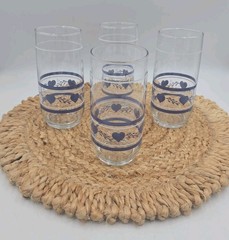Vintage Set of 4 Libbey Blue Heart 16oz Drinking Glasses Country Core Farmhouse