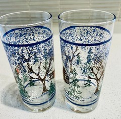 Vintage Libbey Winter Cabin Country Snow Scene Tumbler Glasses Set of Two w/Tags
