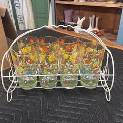 Vintage LIBBEY SPRING WILDFLOWERS GLASSES 8 Tall FLORAL CUP With Holder