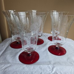 Vintage 5 Ruby Red Footed Etched Flower Rose Iced Tea Tumbler Weston Glass
