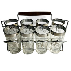 MCM Set 8 Highball Silver Rim Glasses in CADDY-Monogram «R»-Dorothy Thorpe Style