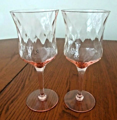 *TIFFIN DIAMOND OPTIC PINK (2) 9 OZ BLOWN WATER GOBLETS STEM #15028-B19-G