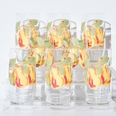 Vintage 1950s MCM Pear Motif Drinking Glasses Yellow Fruit Tumblers Set of 8