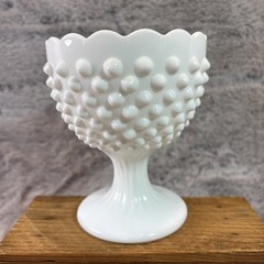 Vintage FENTON White Hobnail Milk Glass Footed Ball Goblet Scalloped Rim 5in