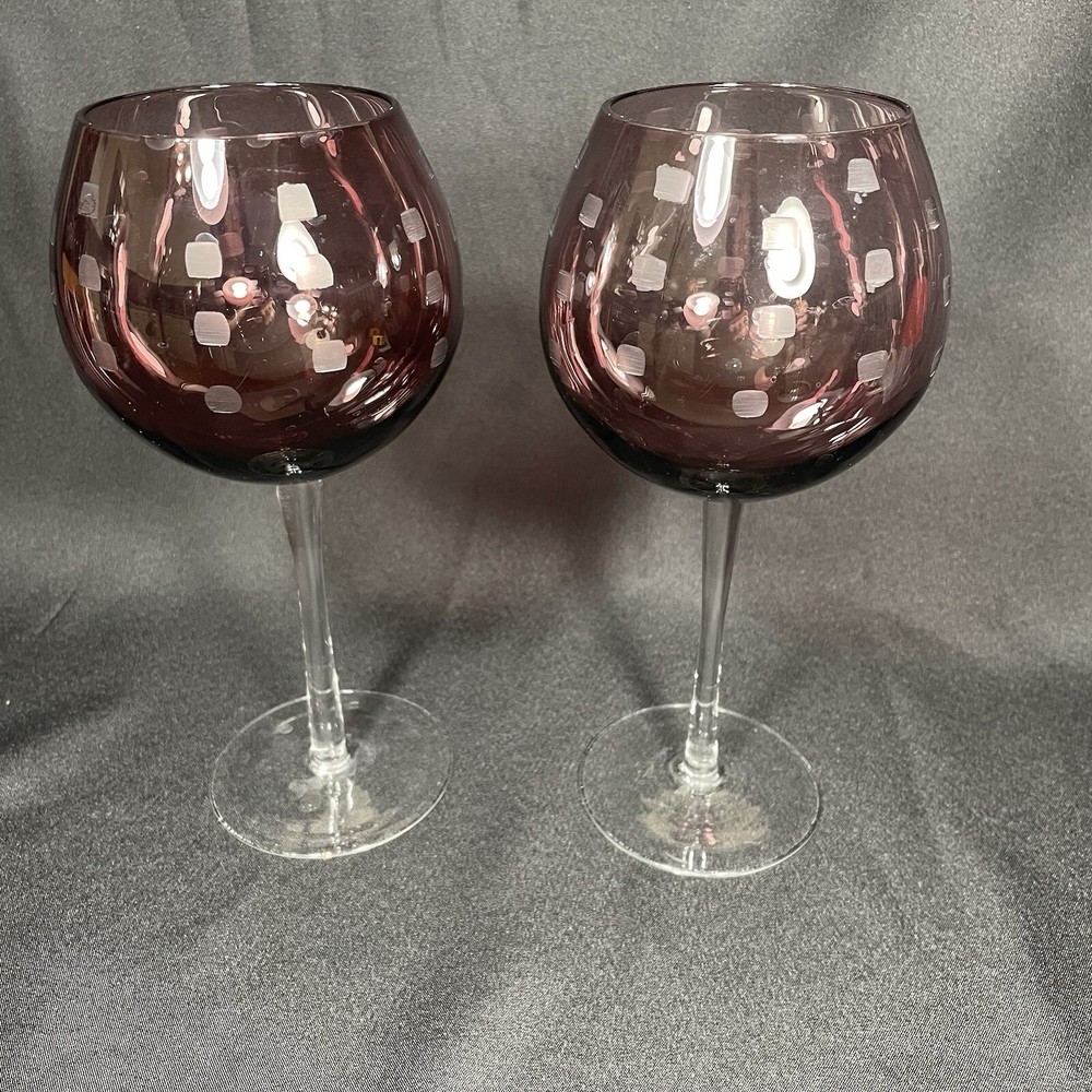 Mikasa Cheers Balloon Wine Glasses Goblets Purple Crystal Etched ~9” Set Of 2