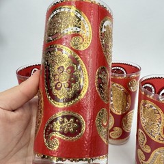 4x Culver Paisley 22K Gold & Red Highball Drinking Glasses Vintage MCM 5.5″ Set