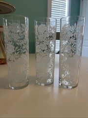 3 VTG Libbey Glasses LRS6 White Tom Collins glass with white rose leaf pattern.