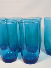 6 Vtg Ocean Blue Tumblers Anchor Hocking Flair Azure Glasses Retro Weighted