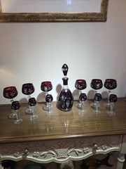 VTG Ruby Cut To Clear Crystal Decanter Wine Cordial Glass Set Bohemian Style MCM