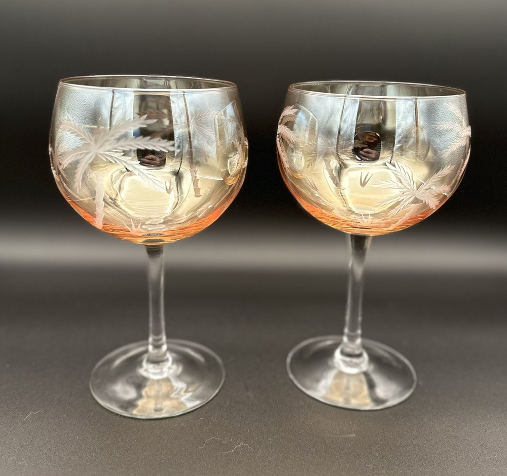 Vintage Crystal Etched Palm Tree Amber Luster Balloon Wine Glasses Set of 4