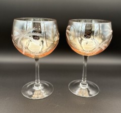 Vintage Crystal Etched Palm Tree Amber Luster Balloon Wine Glasses Set of 4
