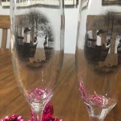2 vintage engagement or wedding wine~champagne glasses w/etched cowboy and girl~