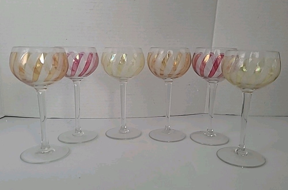 Set 6 Vintage Bohemia Glass Czech Crystal Liqueur Glasses Pink Yellow Orange