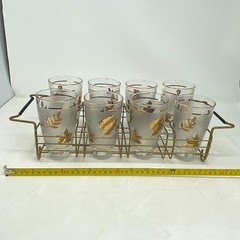 VTG 8 Libbey Gold Leaf Frosted 5.5″ Highball Glasses Service Set Carrier MCM