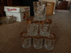 US Glass #15104 Victorian/Buzz Saw & Parenthesis Pitcher/Glasses/Bowl Set 1907