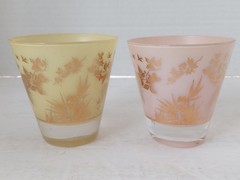 WILLIAM MEIER Half Rocks Glasses 2 Frosted PINK YELLOW Cocktail Glass SIGNED