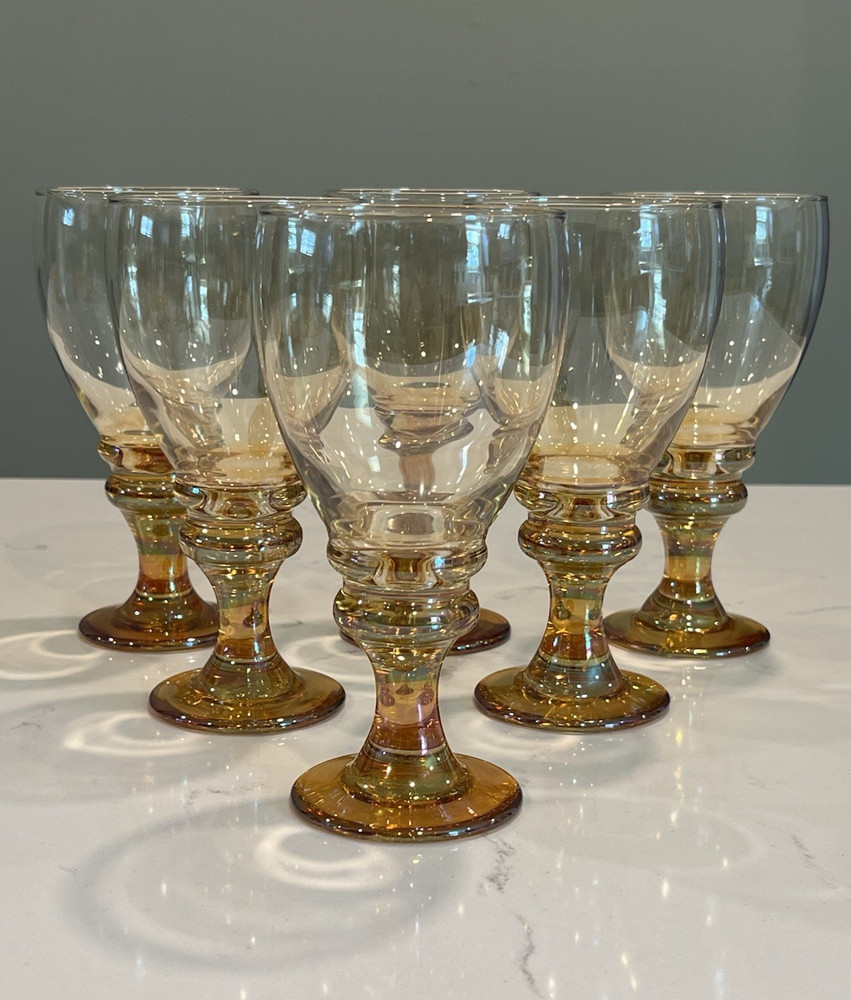 Vintage Libbey Splash Amber Iridescent Glass Goblets Set of 6 Ribbed Stem
