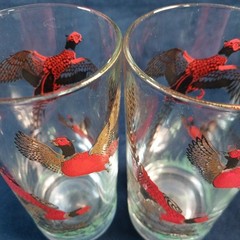 4 Vtg 1950s Hazel Atlas Glasses 10 Oz Tumbler Flying Pheasants Red Gold Detail