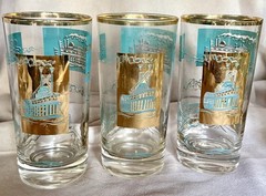 3 Vintage MCM Libbey Steamboat Tumbler Highball Glasses Turquoise Gold