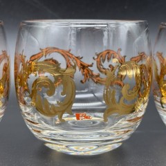 Six (6) MCM Cera 22k Gold Scroll Roly Poly Rocks Glasses Low Ball Tumblers