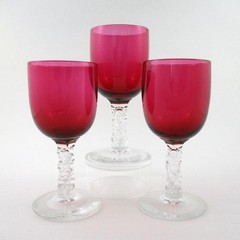 3 – CRANBERRY glass WINEs 4 oz, 5.5″ – Clear, Faceted stems – attr. BACCARAT