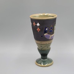 Vintage Ceramic Glazed Stoneware Pedestal Goblet Multicolor 4.75″