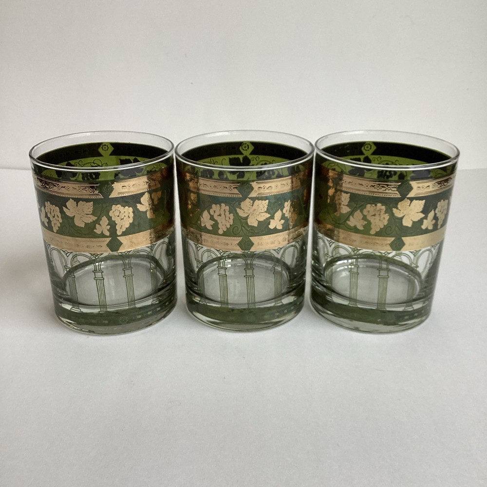 Vintage Cera Double Old Fashioned Glasses 3 Gold Green Grapevine Column Cocktail